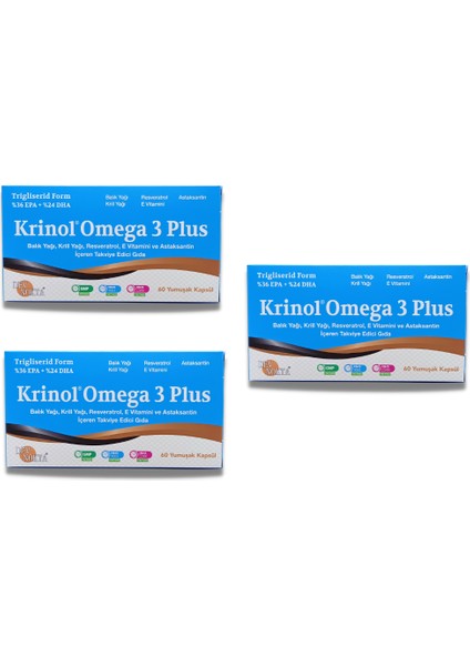 Omega 3 Plus - Balık Yağı, Krill Yağı, Resveratrol, E Vitamini ve Astaksantin - 60 Kapsül - 3 Kutu