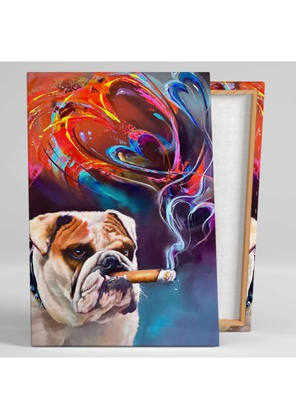 Duman Kalp Renkli Kalpler ve Sinirli Bulldog Sevimli Köpek Kanvas Tablo