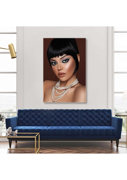 Mavi Tonlarında Makyajlı Inci Kolyeli Vintage Make Up Kuaför Kanvas Tablo