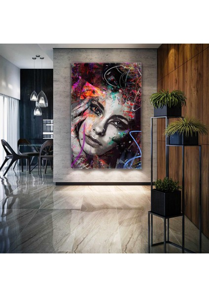 Soyut Grafiti Kadın Renkli Portre Dergi Başlıkları Kanvas Tablo