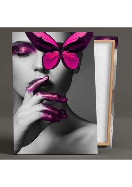 Pembe Makyajlı Kadın ve Pembe Kelebek Make Up Dekoratif Kanvas Tablo