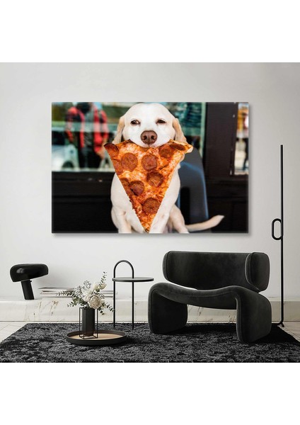 Pizzi Dilimi Yiyen Şirin Golden Köpek Fast Food Pizzacı Kanvas Tablo