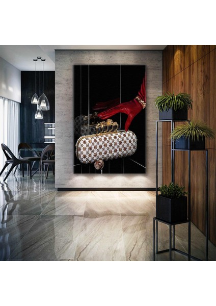 Gold ve Kırmızı Detaylı Abiye Çanta Kırmızı Deri Eldiven Altın Aksesuar Kanvas Tablo