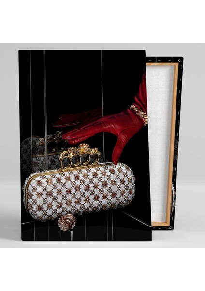 Gold ve Kırmızı Detaylı Abiye Çanta Kırmızı Deri Eldiven Altın Aksesuar Kanvas Tablo fiyatları