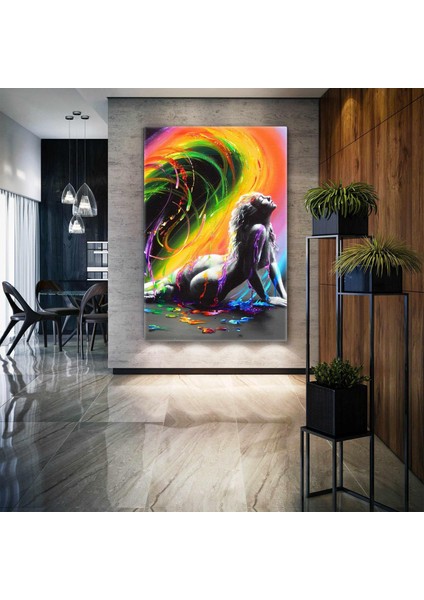 Renkli Kuşağın Altında Oturan Kadın Boya Damlaları Dekoratif Kanvas Tablo