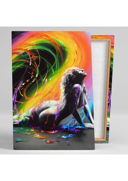 Renkli Kuşağın Altında Oturan Kadın Boya Damlaları Dekoratif Kanvas Tablo fiyatları