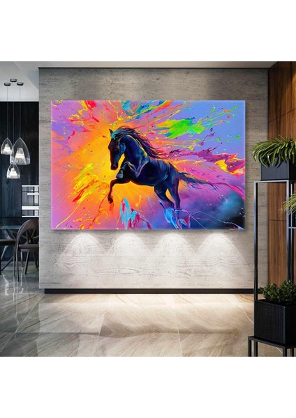 Neon Parlak Renkler Içerisinde Siyah Asil At Boya Sıçramaları Kanvas Tablo