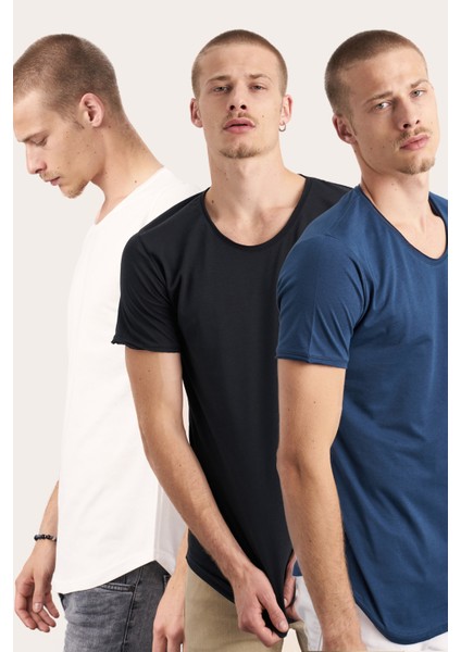 3'lü Paket Beyaz-Siyah-Lacivert Pis Yaka Salaş T-Shirt