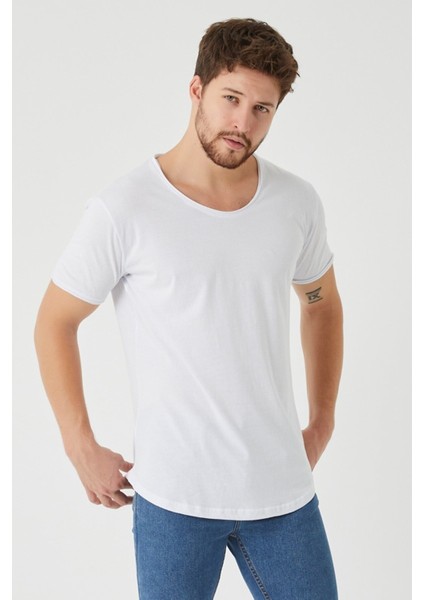 Beyaz Erkek Oval Kesim Slim Fit Pis Yaka Salaş T-Shirt