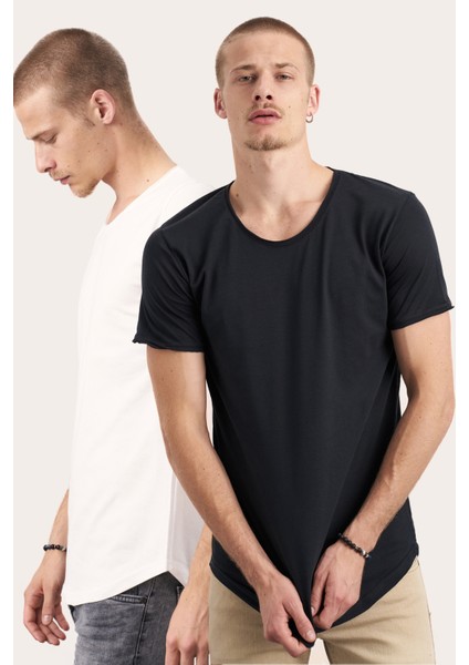 2'li Paket Beyaz-Siyah Pis Yaka Salaş T-Shirt