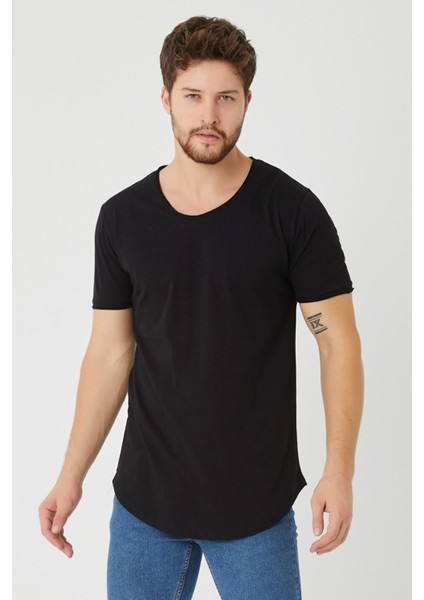 Siyah Erkek Oval Kesim Slim Fit Pis Yaka Salaş T-Shirt