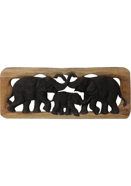 Teak Ağacı El Yapımı 3'lü Fil Aile Tablosu 53,5*22CM