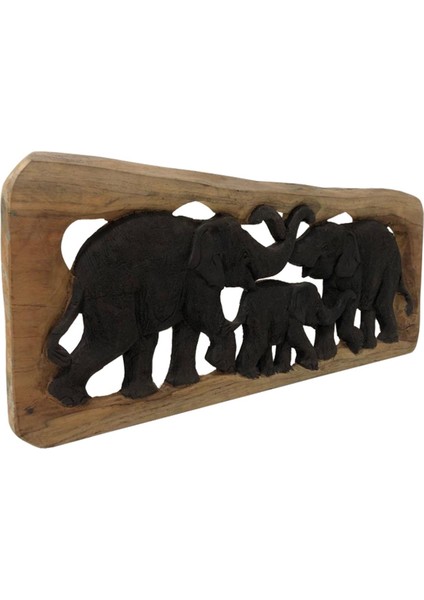 Teak Ağacı El Yapımı 3'lü Fil Aile Tablosu 53,5*22CM