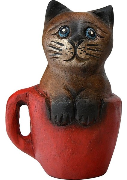 Teak Ağacı El Yapımı Bardak Içinde Kedi Biblo 13CM