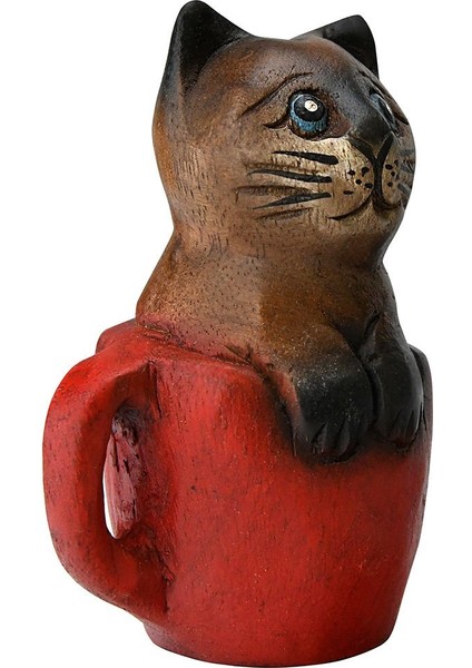 Teak Ağacı El Yapımı Bardak Içinde Kedi Biblo 13CM