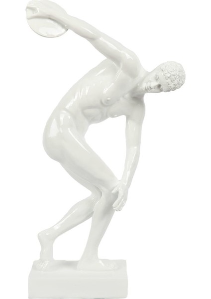 Polyester Dıscobolus Erkek Heykeli ,disk Atan Erkek Biblo Beyaz Siyah 50 cm
