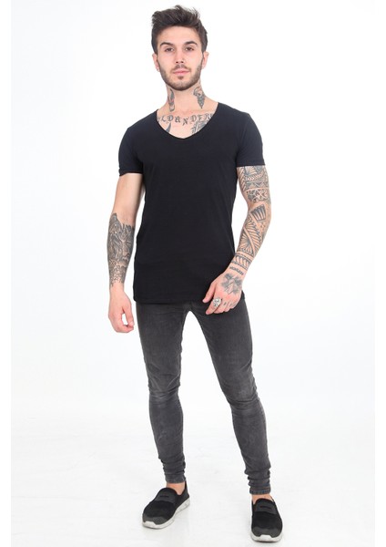 Erkek Açık V Yaka, Pamuklu Basic T-Shirt