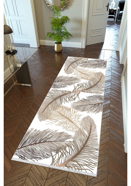 yolluk Koridor Kahverengi Beyaz Dijital Baskı Kaymaz Yuvarlak Oval Kesme Ince Yıkanabilir Halı