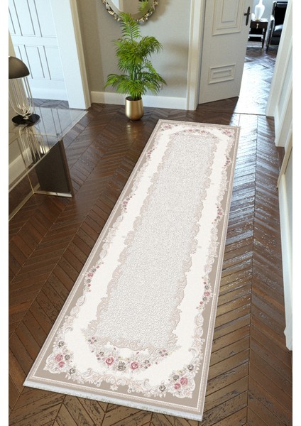 yolluk Koridor Ekru Krem Dijital Baskı Kaymaz Yuvarlak Oval Kesme Ince Yıkanabilir Halı