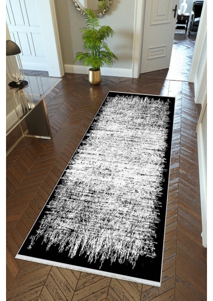 yolluk Koridor Siyah Gri Dijital Baskı Kaymaz Yuvarlak Oval Kesme Ince Yıkanabilir Halı