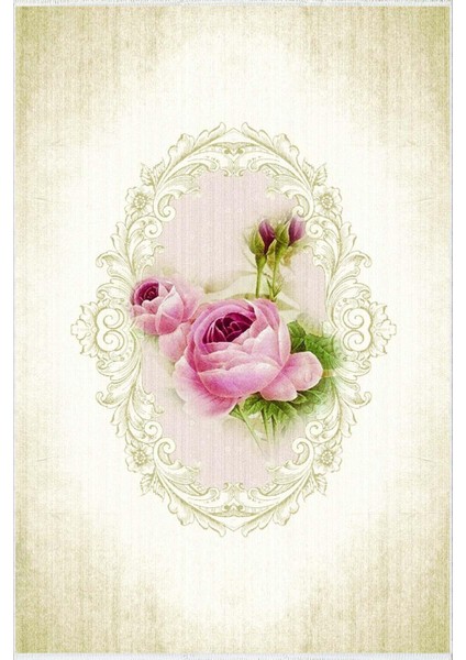 yolluk Koridor Ekru Yeşil Gül Desenli Kaymaz Yuvarlak Oval Kesme Ince Yıkanabilir Halı fiyatları