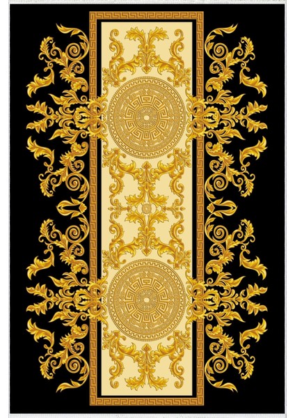 yolluk Koridor Altın Siyah Gold Barok Desenli Kaymaz Yuvarlak Oval Kesme Ince Yıkanabilir Halı fiyatları