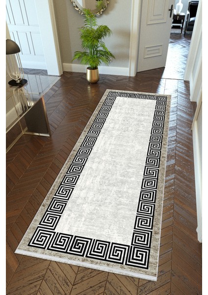 yolluk Koridor Kahverengi Gri Dijital Baskı Kaymaz Yuvarlak Oval Kesme Ince Yıkanabilir Halı