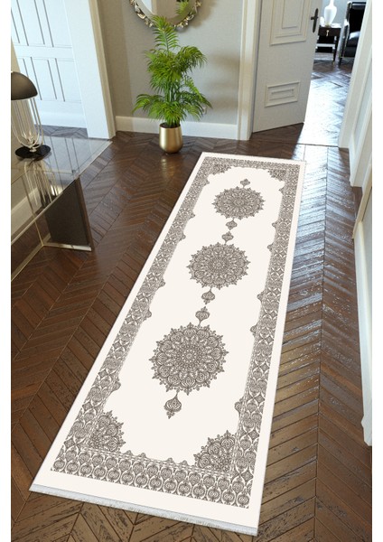 yolluk Koridor Ekru Dijital Baskı Kaymaz Yuvarlak Oval Kesme Ince Yıkanabilir Halı