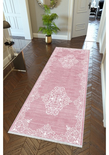 yolluk Koridor Pembe Dijital Baskı Kaymaz Yuvarlak Oval Kesme Ince Yıkanabilir Halı