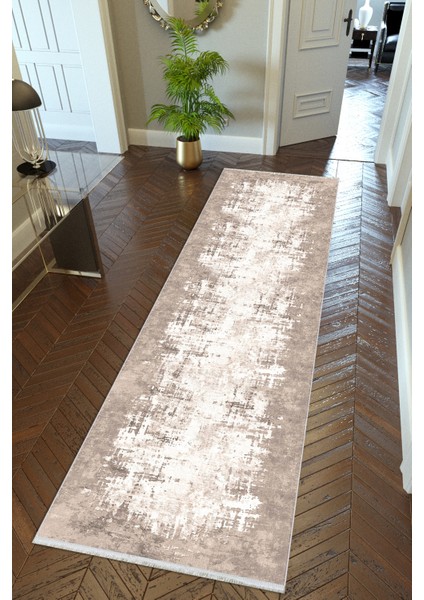 yolluk Koridor Bej Dijital Baskı Kaymaz Yuvarlak Oval Kesme Ince Yıkanabilir Halı