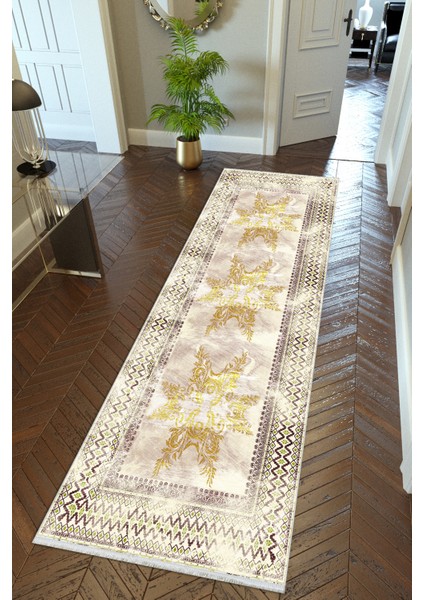 yolluk Koridor Altın Gold Dijital Baskı Kaymaz Yuvarlak Oval Kesme Ince Yıkanabilir Halı