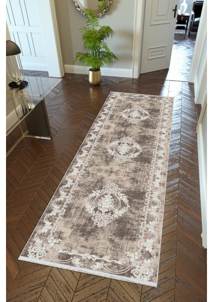 yolluk Koridor Kahverengi Dijital Baskı Kaymaz Yuvarlak Oval Kesme Ince Yıkanabilir Halı