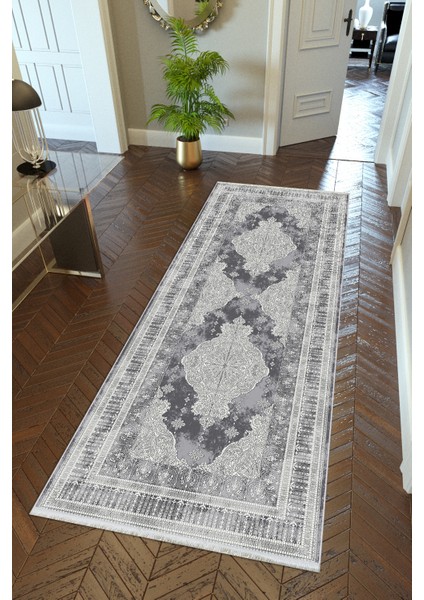 yolluk Koridor Gri Dijital Baskı Kaymaz Yuvarlak Oval Kesme Ince Yıkanabilir Halı