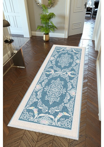 yolluk Koridor Lacivert Pembe Dijital Baskı Kaymaz Yuvarlak Oval Kesme Ince Yıkanabilir Halı