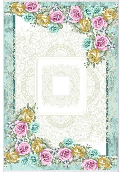 yolluk Koridor Turkuaz Pembe Altın Çerçeve Kaymaz Yuvarlak Oval Kesme Ince Yıkanabilir Halı fiyatları