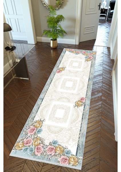 yolluk Koridor Turkuaz Pembe Altın Çerçeve Kaymaz Yuvarlak Oval Kesme Ince Yıkanabilir Halı