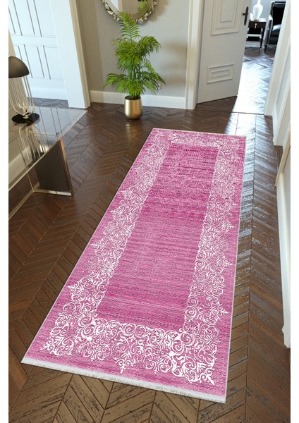 yolluk Koridor Pembe Dijital Baskı Kaymaz Yuvarlak Oval Kesme Ince Yıkanabilir Halı