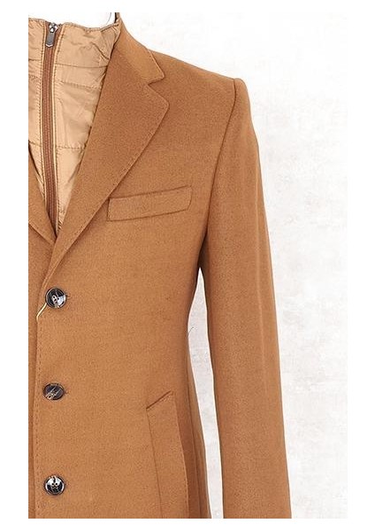 Erkek - Slim Fit - Camel- Çıkmalı Ceket Yaka - Içi Kapitoneli -Tek Yırtmaç - Dizüstü Kaşe Kaban fiyatları