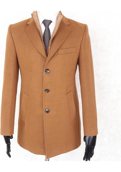 Erkek - Slim Fit - Camel- Çıkmalı Ceket Yaka - Içi Kapitoneli -Tek Yırtmaç - Dizüstü Kaşe Kaban modelleri