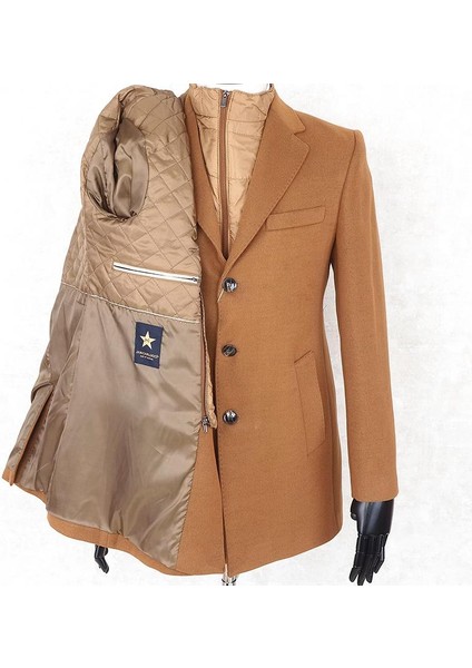 Erkek - Slim Fit - Camel- Çıkmalı Ceket Yaka - Içi Kapitoneli -Tek Yırtmaç - Dizüstü Kaşe Kaban fırsatları