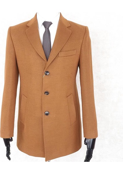 Erkek - Slim Fit - Camel- Çıkmalı Ceket Yaka - Içi Kapitoneli -Tek Yırtmaç - Dizüstü Kaşe Kaban indirimleri