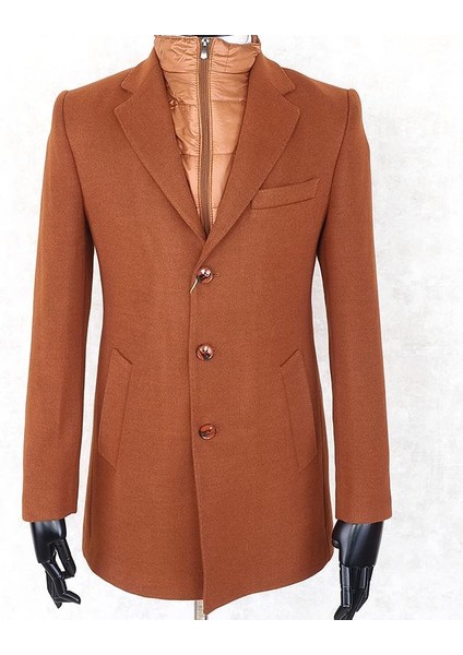 Erkek - Slim Fit - Turuncu- Çıkmalı Ceket Yaka - Içi Kapitoneli -Tek Yırtmaç - Dizüstü Kaşe Kaban