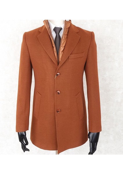 Erkek - Slim Fit - Turuncu- Çıkmalı Ceket Yaka - Içi Kapitoneli -Tek Yırtmaç - Dizüstü Kaşe Kaban modelleri