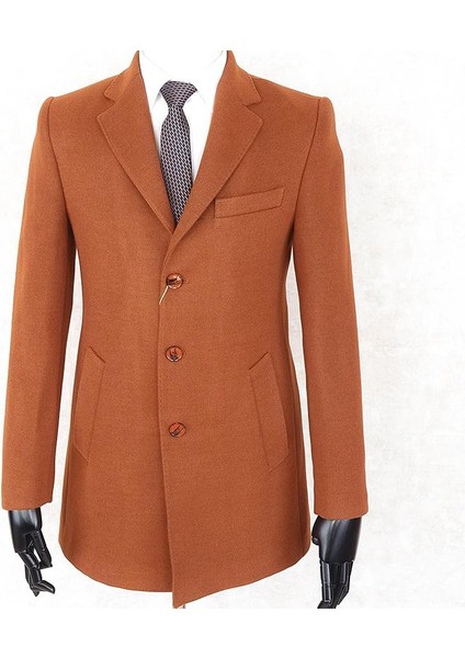 Erkek - Slim Fit - Turuncu- Çıkmalı Ceket Yaka - Içi Kapitoneli -Tek Yırtmaç - Dizüstü Kaşe Kaban indirimleri