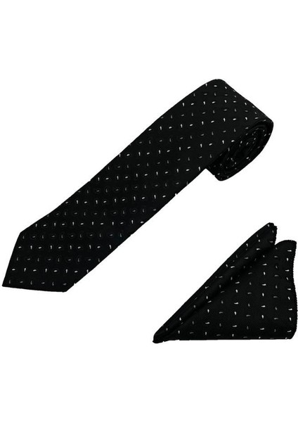 Siyah Küçük Şal Desen Kravat Mendil Set