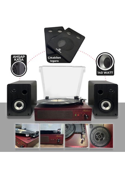 MTX-303S Set Nostaljik Pikap Plak Çalar ve Hoparlör Ses Sistemi (Bluetooth Usb)