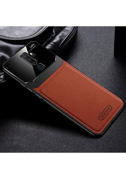 Oppo A9 2020 Kılıf Zebana Lens Deri Kılıf Kahverengi