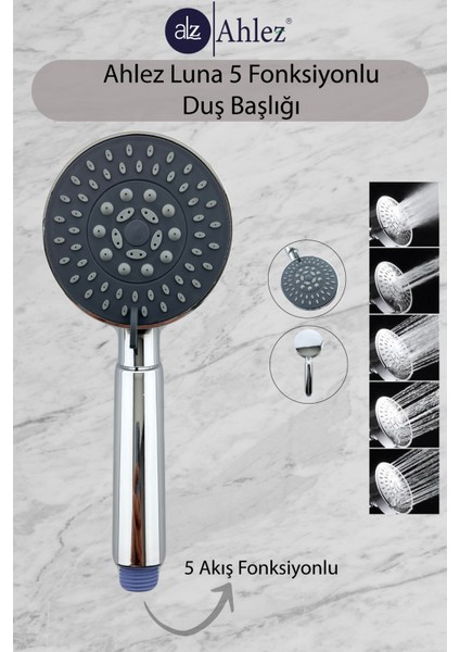 Luna 5 Fonksiyonlu Duş Başlığı + Pvc Duş Hortumu Duş Takımı Duş Seti