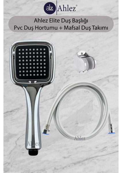 Elite Kare Duş Başlığı + Pvc Duş Hortumu + Büyük Mafsal Duş Seti