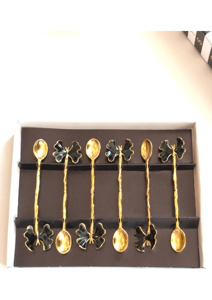 Chance Gift Gold Kaplama Kelebek Figür Mineli 6'lı Çay Kaşığı (Siyah)